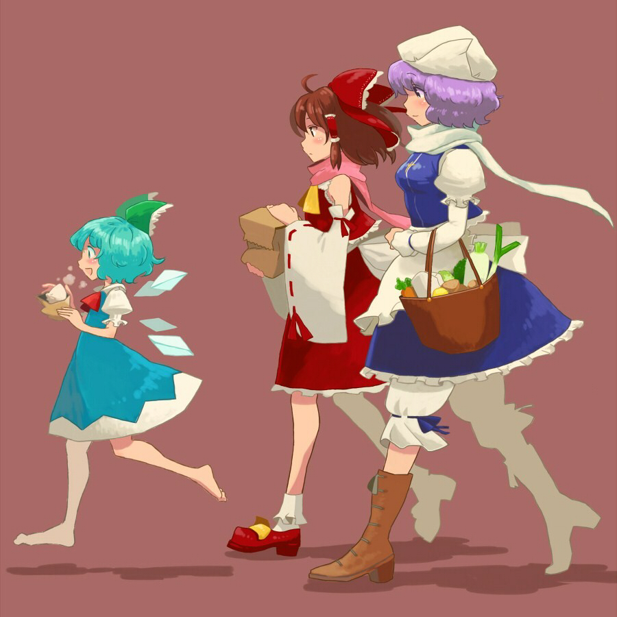 matsutani, cirno, hakurei reimu, letty whiterock, perfect cherry blossom, touhou, bad id, bad pixiv id, barefoot, basket, blue eyes, blue hair, boots, bow, brown hair, detached sleeves, food, hair bow, hat, japanese clothes, miko, purple hair, running, scarf, shopping, vegetable, wings