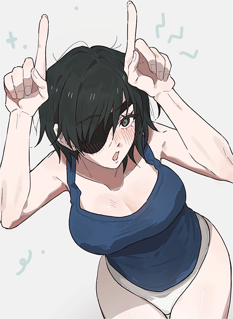 himeno (chainsaw man), chainsaw man, commentary request, 1girl, blue shirt, blush, breasts, cleavage, dalsan110, eyepatch, green eyes, green hair, large breasts, looking at viewer, panties, shirt, short hair, solo, underwear, white panties