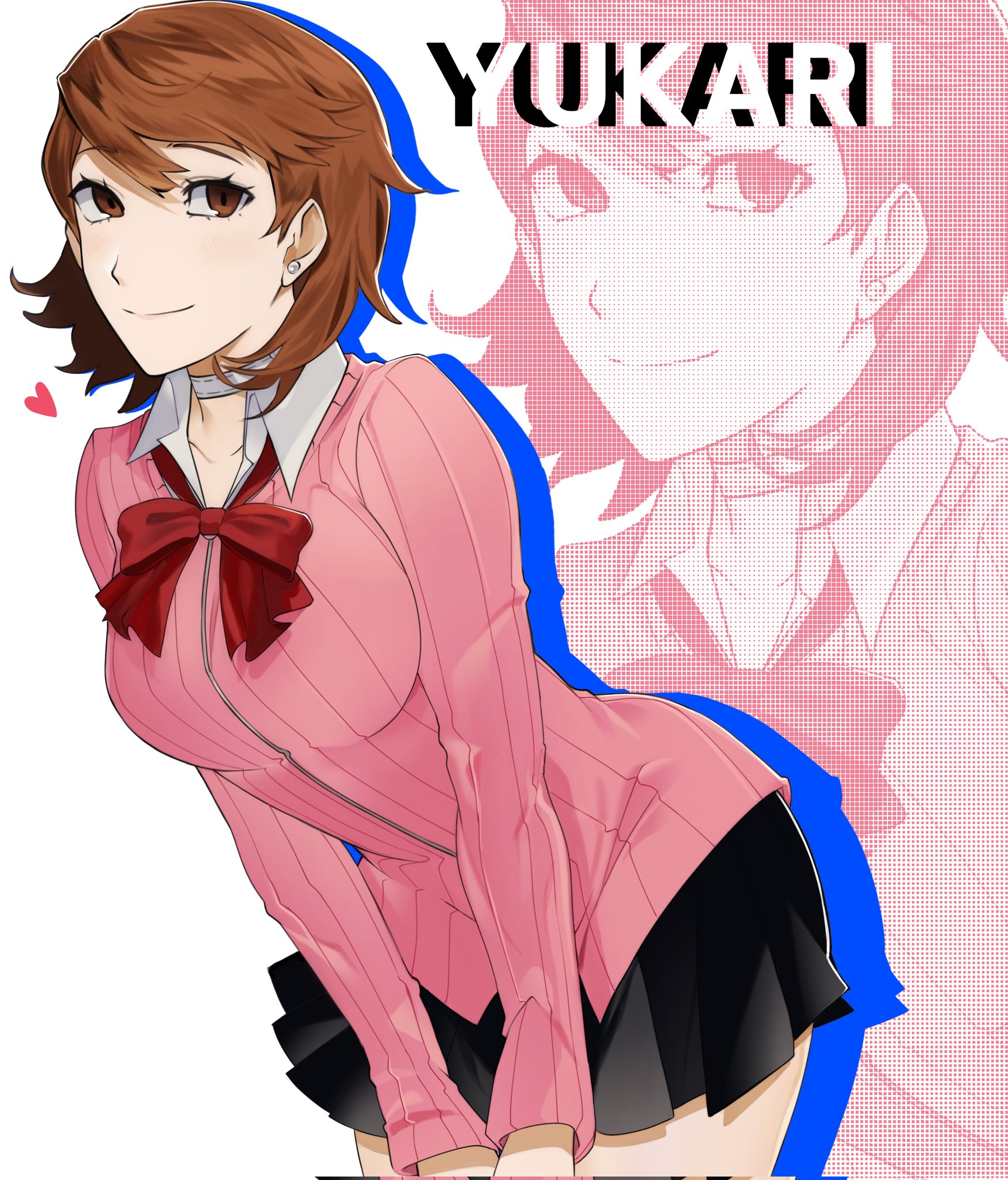 denjumyy, takeba yukari, persona, persona 3, persona 3 reload, commentary, highres, 1girl, black skirt, bow, bowtie, breasts, brown eyes, brown hair, cardigan, character name, choker, closed mouth, collarbone, cowboy shot, drop shadow, earrings, flipped hair, gekkoukan high school uniform, heart, jewelry, leaning forward, long sleeves, looking at viewer, loose bowtie, medium breasts, miniskirt, pink cardigan, pleated skirt, red bow, red bowtie, ribbed cardigan, school uniform, shirt, short hair, skirt, smile, solo, stud earrings, white choker, white shirt, wing collar, zipper