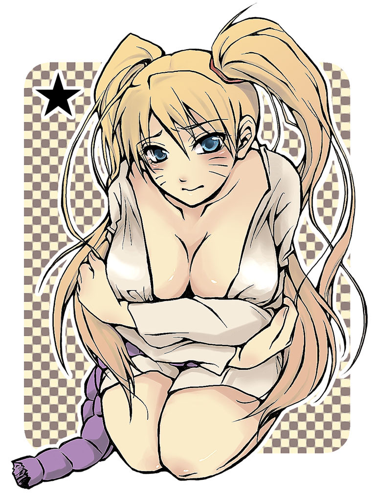 haru (pixiv), naruko (naruto), uchiha sasuke, uzumaki naruto, naruto (classic), naruto (series), naruto shippuuden, md5 mismatch, 1girl, belt, blonde hair, blue eyes, blush, breasts, checkered background, cleavage, closed mouth, collarbone, cosplay, covering breasts, covering privates, crossed arms, embarrassed, facial mark, facing viewer, female focus, genderswap, genderswap (mtf), hair between eyes, hair tie, kneeling, large breasts, long hair, long sleeves, looking at viewer, no bra, rope belt, seiza, shirt, sitting, solo, star (symbol), twintails, uchiha sasuke (cosplay), very long hair, whisker markings, whiskers, white shirt