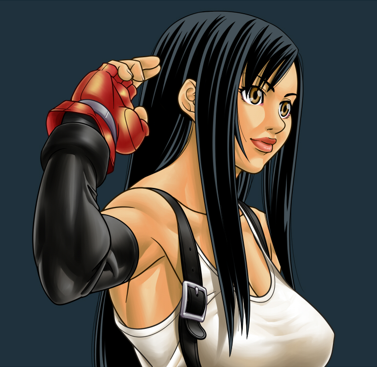 masato (mk), tifa lockhart, final fantasy, final fantasy vii, 1990s (style), black hair, elbow gloves, fingerless gloves, gloves, long hair, long sidelocks, retro artstyle, sidelocks, solo, yellow eyes