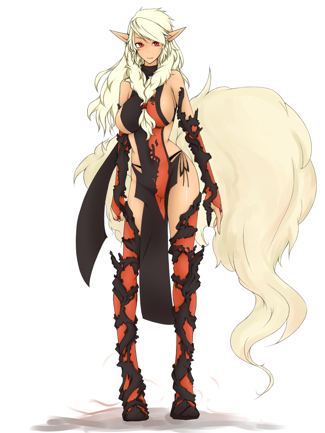 emukon, arcanine, nintendo, pokemon, multicolored legwear, highres, 1girl, bare shoulders, between breasts, black boots, black panties, boots, breasts, bridal gauntlets, dress, female focus, front ponytail, fur-trimmed boots, fur trim, gen 1 pokemon, gloves, large breasts, legs, long hair, multicolored boots, orange boots, panties, pelvic curtain, personification, pointy ears, ponytail, red eyes, revealing clothes, sideboob, simple background, solo, swept bangs, tail, thigh boots, thighhighs, two-tone boots, two-tone dress, two-tone gloves, underwear, white background, white hair