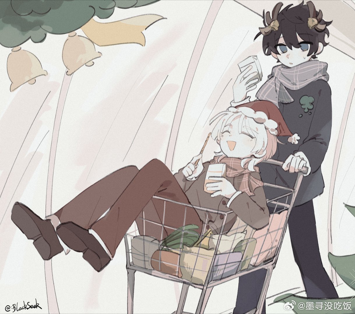 blackseek, akinashi haru, tatsunami shion, saihate eki, chinese commentary, commentary request, 2boys, :d, antlers, bell, box, brown jacket, christmas, food, grey jacket, hat, holding, holding box, horns, in shopping cart, jacket, knees up, male focus, multiple boys, open mouth, plaid clothes, plaid scarf, pocky, reindeer antlers, santa hat, scarf, shopping cart, smile, standing