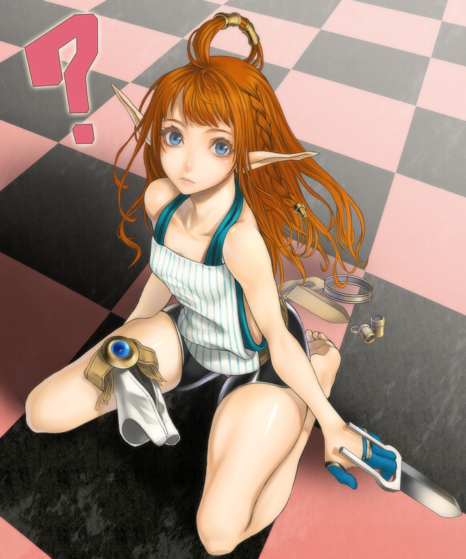 kazakami yuu, pixiv fantasia, pixiv fantasia 4, 1girl, barefoot, bike shorts, blue eyes, braid, brown hair, checkered floor, dagger, elf, feet, female focus, floor, jamadhar, kneeling, knife, long hair, perspective, pointy ears, sitting, solo, wariza, weapon