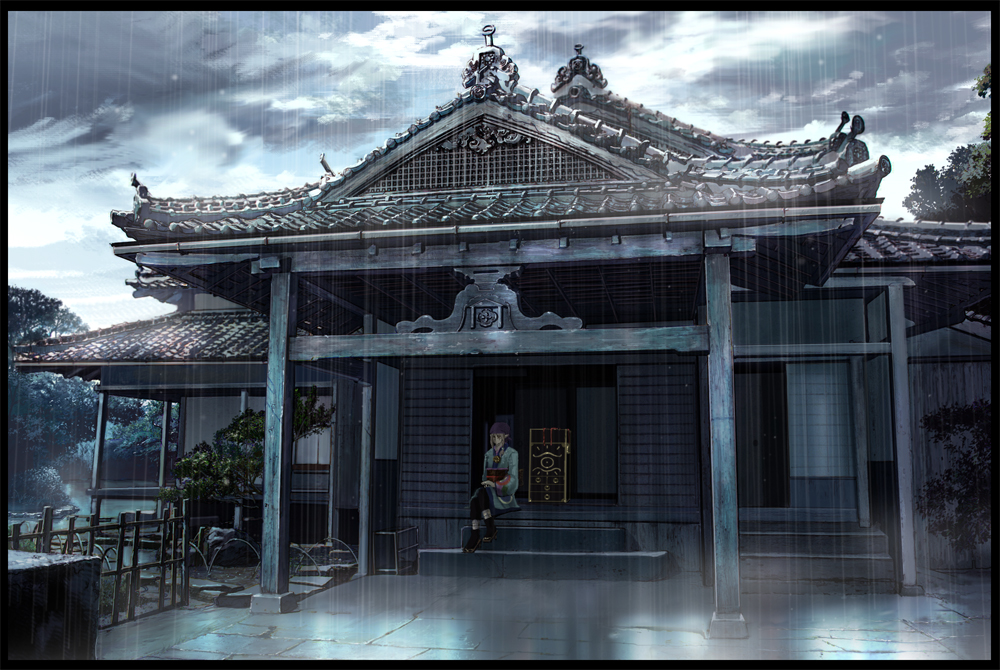 a i u e oekaki, kusuriuri (mononoke), mononoke, bad id, bad pixiv id, 1boy, architecture, bandana, blonde hair, building, durag, east asian architecture, geta, japanese clothes, jewelry, kimono, male focus, medallion, necklace, night, obi, rain, sash, scenery, sitting, solo, tree