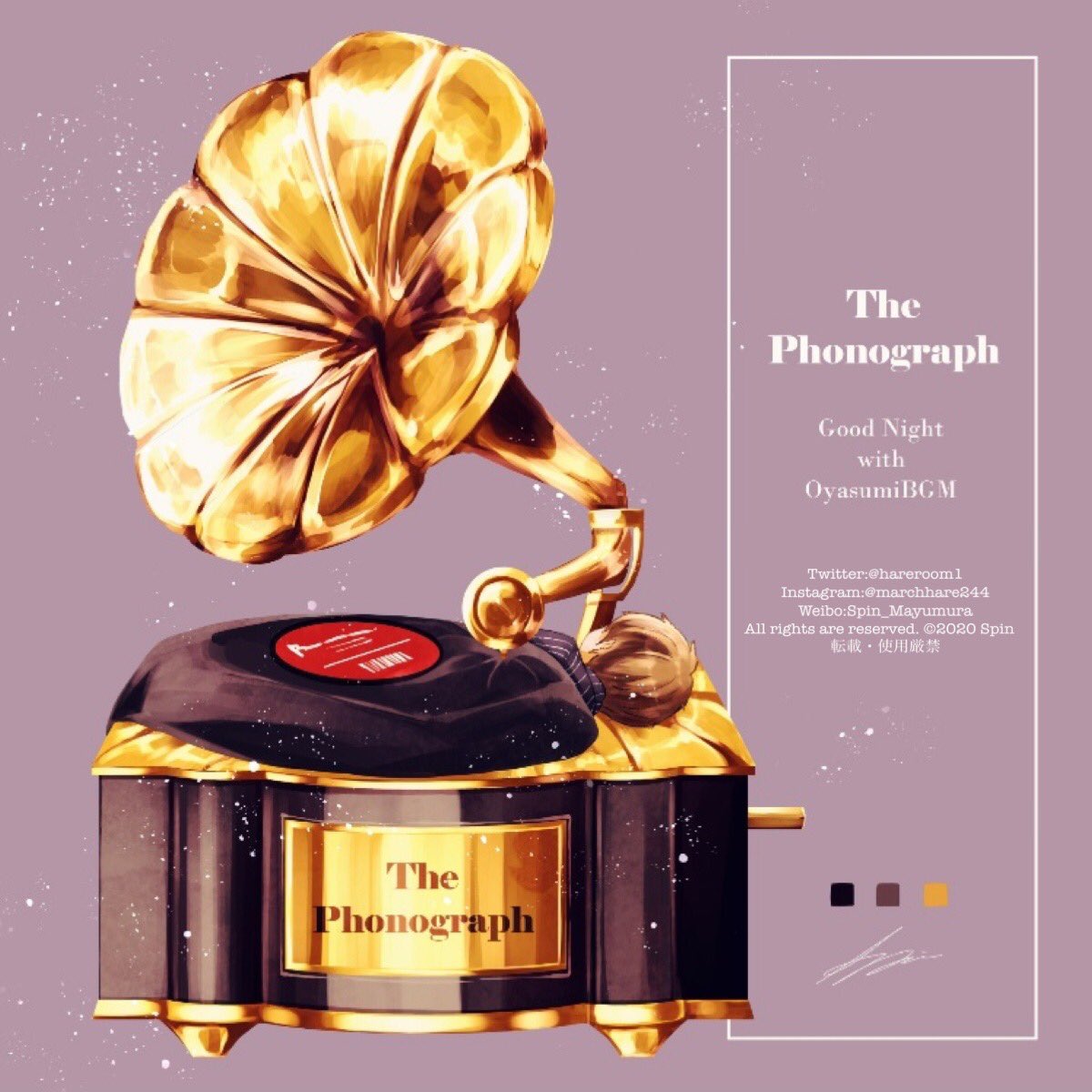 spin mayumura, original, highres, 1boy, instagram username, lying, object focus, on back, phonograph, purple background, signature, solo, twitter username, weibo username