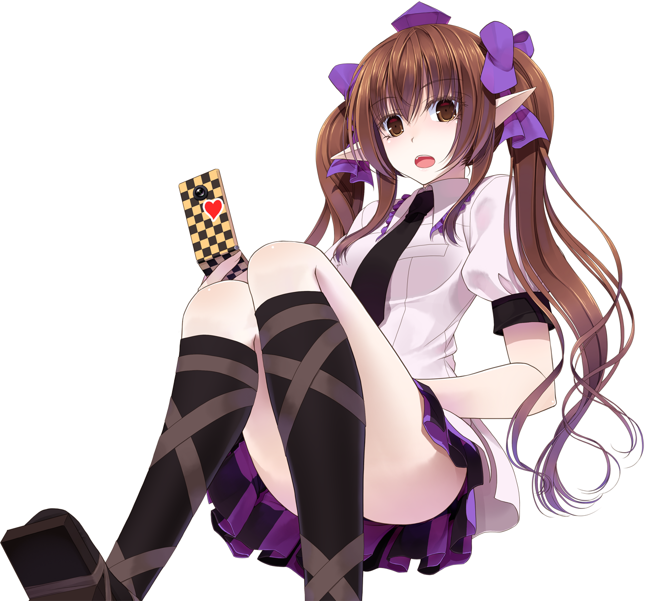 crote, himekaidou hatate, touhou, commentary request, highres, large variant set, variant set, 1girl, black necktie, black socks, brown eyes, brown hair, cellphone, checkered clothes, checkered skirt, collared shirt, convenient leg, fingernails, flip phone, foot out of frame, geta, hair ornament, hair ribbon, hand on own leg, hat, heart, holding, holding phone, kneehighs, long hair, looking at viewer, miniskirt, necktie, open mouth, phone, pointy ears, puffy short sleeves, puffy sleeves, raised eyebrows, ribbon, sandals, shirt, short sleeves, skirt, socks, solo, teeth, tokin hat, transparent background, twintails, upper teeth only, white shirt, wide-eyed