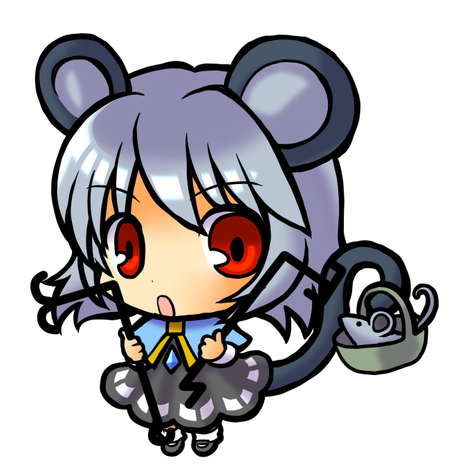 socha, nazrin, touhou, 1girl, animal ears, basket, chibi, dowsing rod, female focus, grey hair, mouse ears, mouse tail, red eyes, simple background, solo, tail