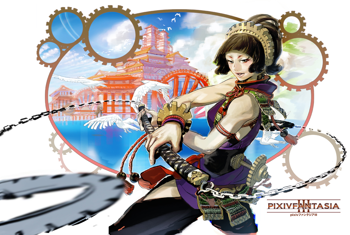 sio vanilla, original, 1girl, bird, brown hair, chain, female focus, outdoors, short hair, sky, solo, sword, weapon, yellow eyes