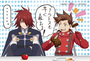 kratos aurion, lloyd irving, tales of (series), tales of symphonia, lowres, translated, 00s, age difference, brown eyes, brown hair, crossed arms, father and son, food, fork, hair over one eye, open mouth, red hair, short hair, tomato