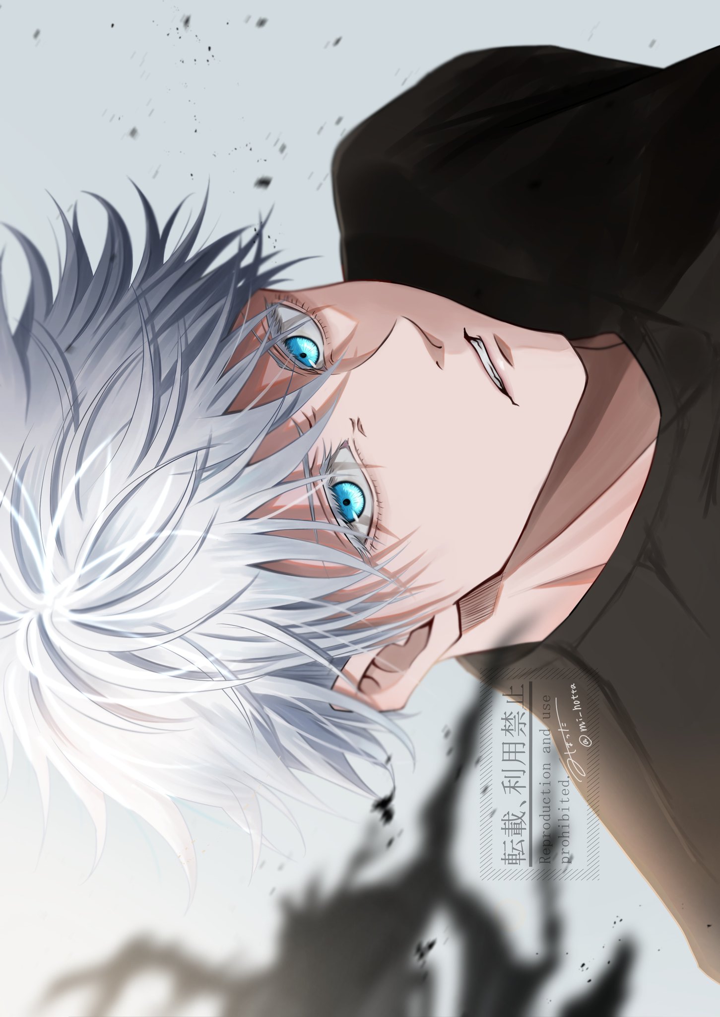 mi hotta, gojou satoru, jujutsu kaisen, commentary request, highres, 1boy, black shirt, blue eyes, colored eyelashes, crew neck, debris, looking at viewer, male focus, parted lips, shirt, short hair, sideways, solo, upper body, watermark, white hair
