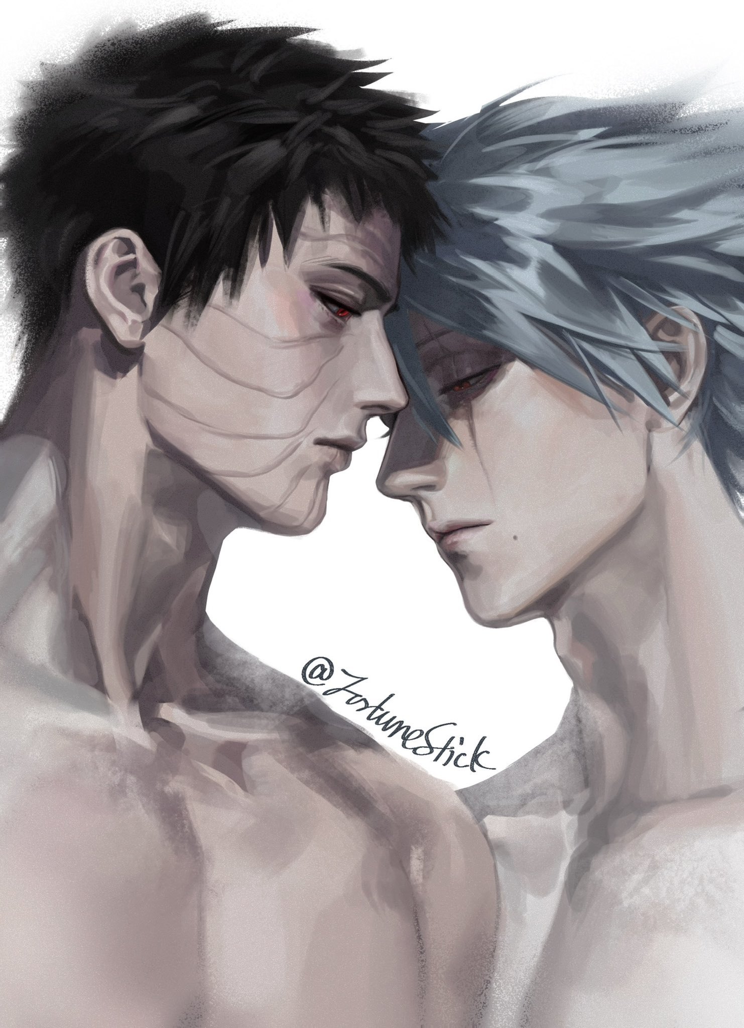 eluspac maru, hatake kakashi, uchiha obito, naruto (series), hashtag-only commentary, highres, 2boys, black hair, closed mouth, collarbone, facial mark, grey hair, looking at another, looking down, male focus, multiple boys, pectorals, scar, scar on face, simple background, twitter username, upper body, white background, yaoi