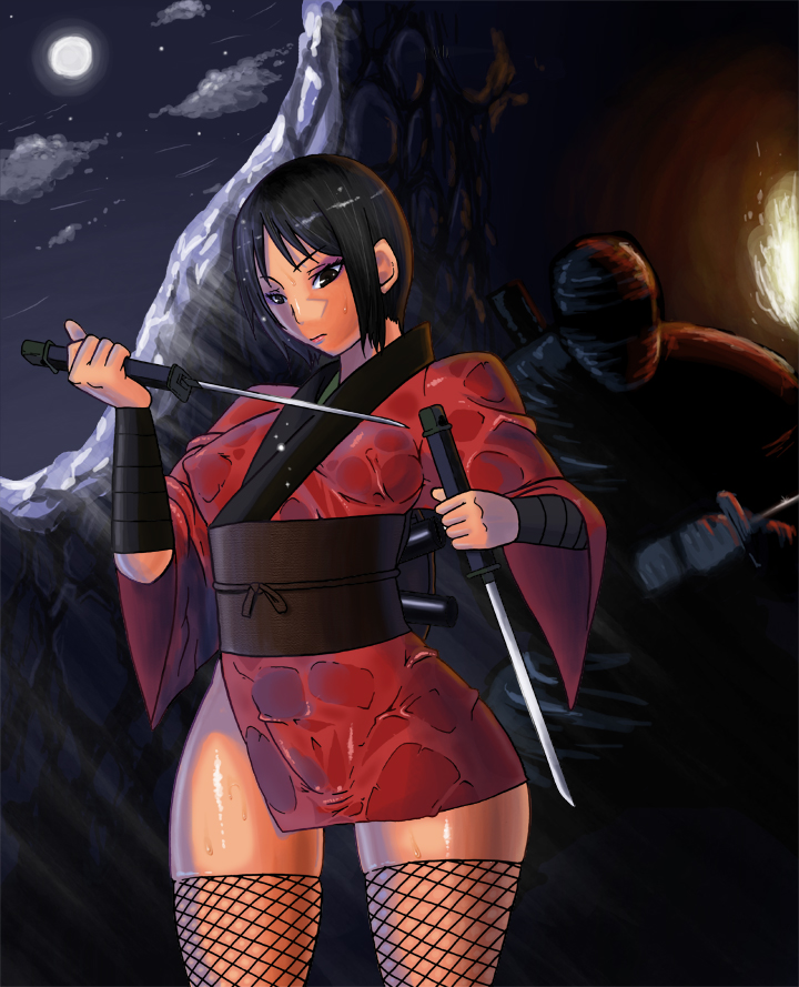 minami aomori, kurenai (red ninja: end of honor), original, red ninja: end of honor, 1boy, 1girl, black eyes, black hair, breasts, cloud, covered erect nipples, fishnets, full moon, japanese clothes, kimono, knife, kodachi, large breasts, moon, night, ninja, obi, outdoors, reverse grip, sash, short hair, short kimono, short sword, sky, star (sky), sweat, sword, thighhighs, weapon, wet, wide hips, you gonna get raped