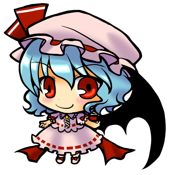 socha, remilia scarlet, touhou, 1girl, blue hair, chibi, dress, female focus, full body, hat, red eyes, short hair, simple background, solo, white background