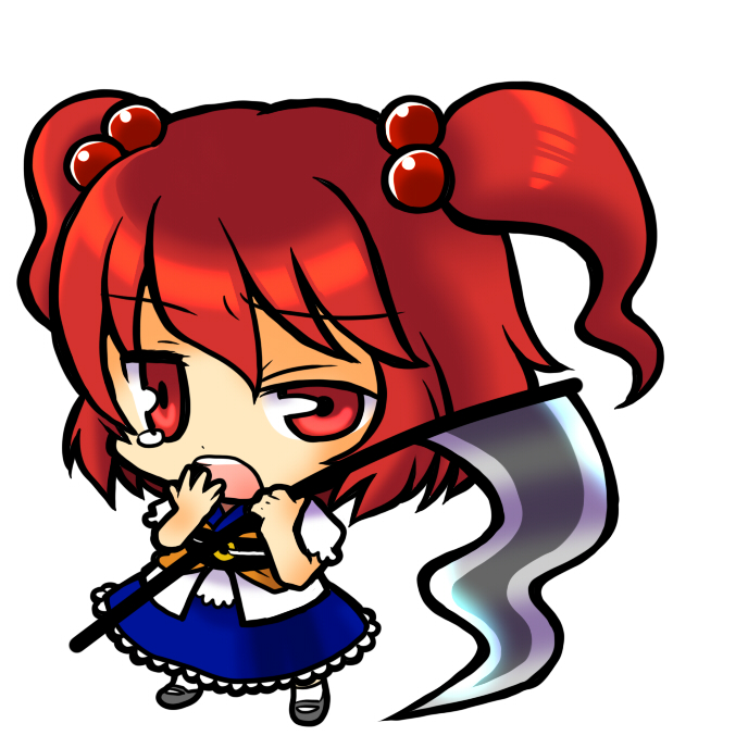 socha, onozuka komachi, touhou, 1girl, chibi, female focus, hair bobbles, hair ornament, red eyes, red hair, scythe, simple background, sleepy, solo, uneven eyes, waking up, yawning