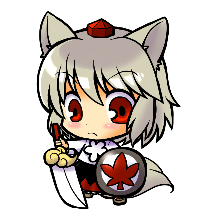 socha, inubashiri momiji, touhou, 1girl, animal ears, blush, chibi, female focus, hat, red eyes, shield, simple background, solo, sword, tail, tokin hat, weapon, white hair, wolf ears, wolf tail