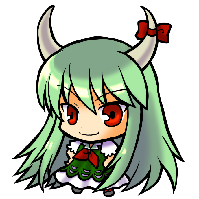 socha, ex-keine, kamishirasawa keine, touhou, 1girl, chibi, dress, female focus, full body, green hair, horn ornament, horn ribbon, horns, long hair, red eyes, ribbon, simple background, solo, white background