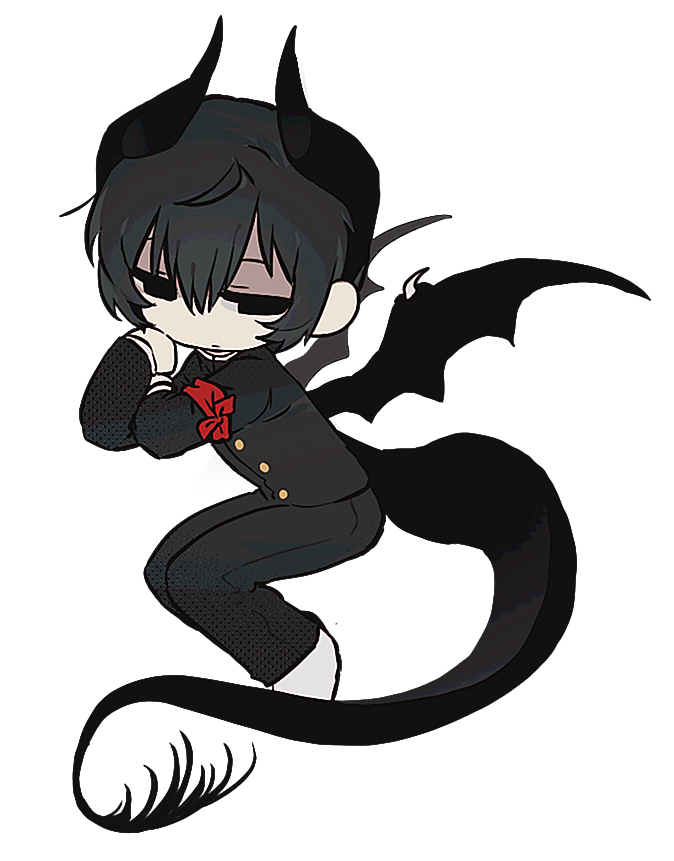 allsu official, original, commentary, english commentary, 1girl, armband, black eyes, black hair, black wings, deformed, dragon girl, dragon horns, dragon tail, dragon wings, empty eyes, full body, gakuran, horns, looking at viewer, red armband, reverse trap, school uniform, short hair, simple background, solo, tail, white background, wings