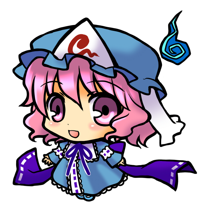 socha, saigyouji yuyuko, touhou, 1girl, chibi, dress, female focus, full body, hat, pink eyes, pink hair, simple background, solo, white background