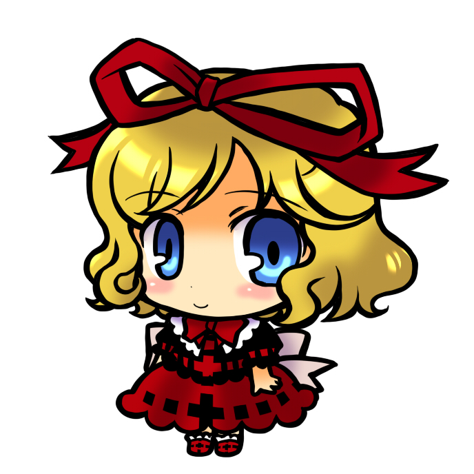 socha, medicine melancholy, touhou, 1girl, blonde hair, blue eyes, chibi, dress, female focus, full body, ribbon, simple background, solo, white background
