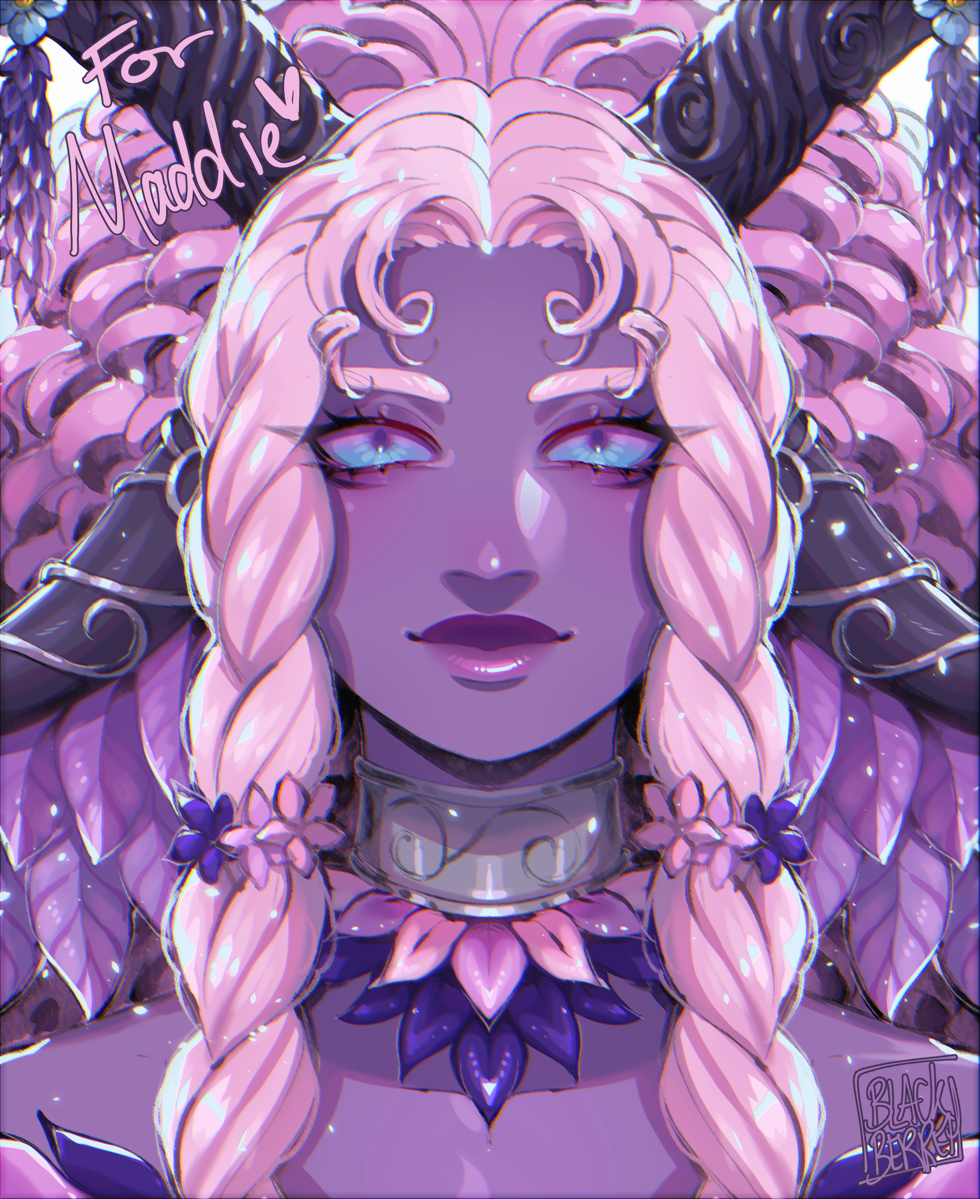 blackberreh-art, original, absurdres, commentary, commission, english commentary, highres, 1girl, blue eyes, braid, braided sidelocks, choker, colored skin, curly hair, eyelashes, flower, hair flower, hair ornament, horns, leaf, lips, looking at viewer, pink eyes, purple skin, smile, straight-on