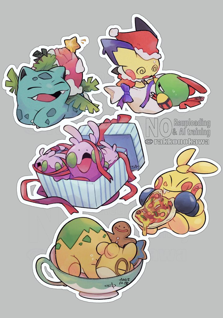 rakkonokawa, goomy, ivysaur, makuhita, natu, numel, pichu, nintendo, pokemon, @ @, bag, christmas, christmas present, closed eyes, closed mouth, cookie, cup, dated, eating, fangs, food, gen 1 pokemon, gen 2 pokemon, gen 3 pokemon, gen 6 pokemon, gift, gingerbread man, grey background, hat, holding, holding food, licking lips, mug, open mouth, pizza, pokemon (creature), pokemon focus, ribbon, santa hat, simple background, sleeping, smile, star (symbol), sweat, tongue, tongue out