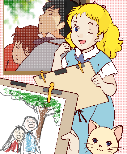 amy march, josephine march, ai no wakakusa monogatari, drawing, 1boy, 2girls, black hair, blonde hair, blue dress, blue eyes, brown hair, cat, dress, milky ann, multiple girls, one eye closed, open mouth, red dress, sleeping, white cat, wink