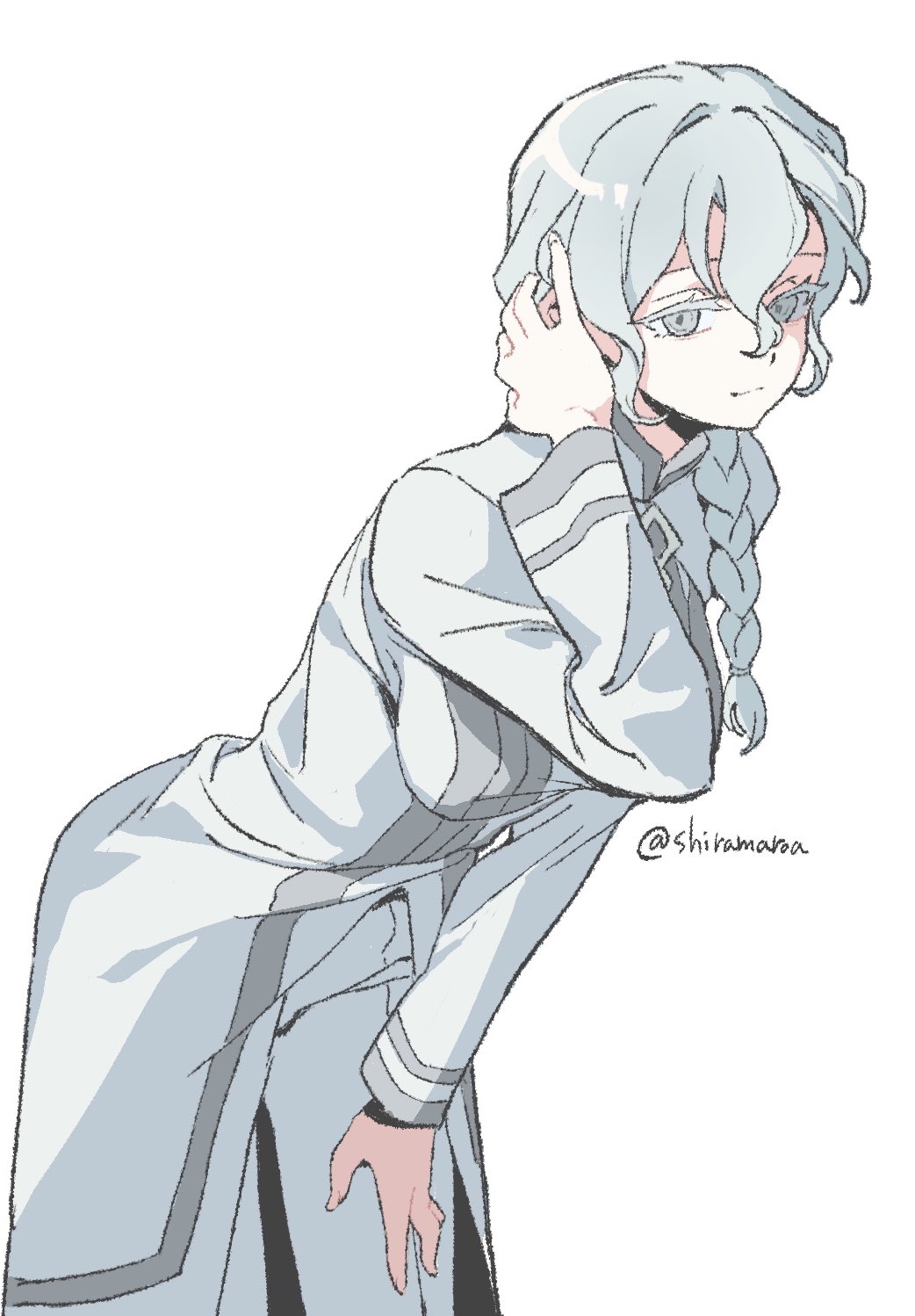 marisbury animusphere, fate/grand order, fate (series), commentary, highres, 1girl, arm up, artist name, braid, breasts, closed mouth, cowboy shot, genderswap, genderswap (mtf), hair between eyes, hand on own thigh, leaning forward, long sleeves, medium breasts, pants, robe, shiramaroa, side braid, simple background, solo, thick eyelashes, twitter username, white background, white eyes, white hair, white pants, white robe