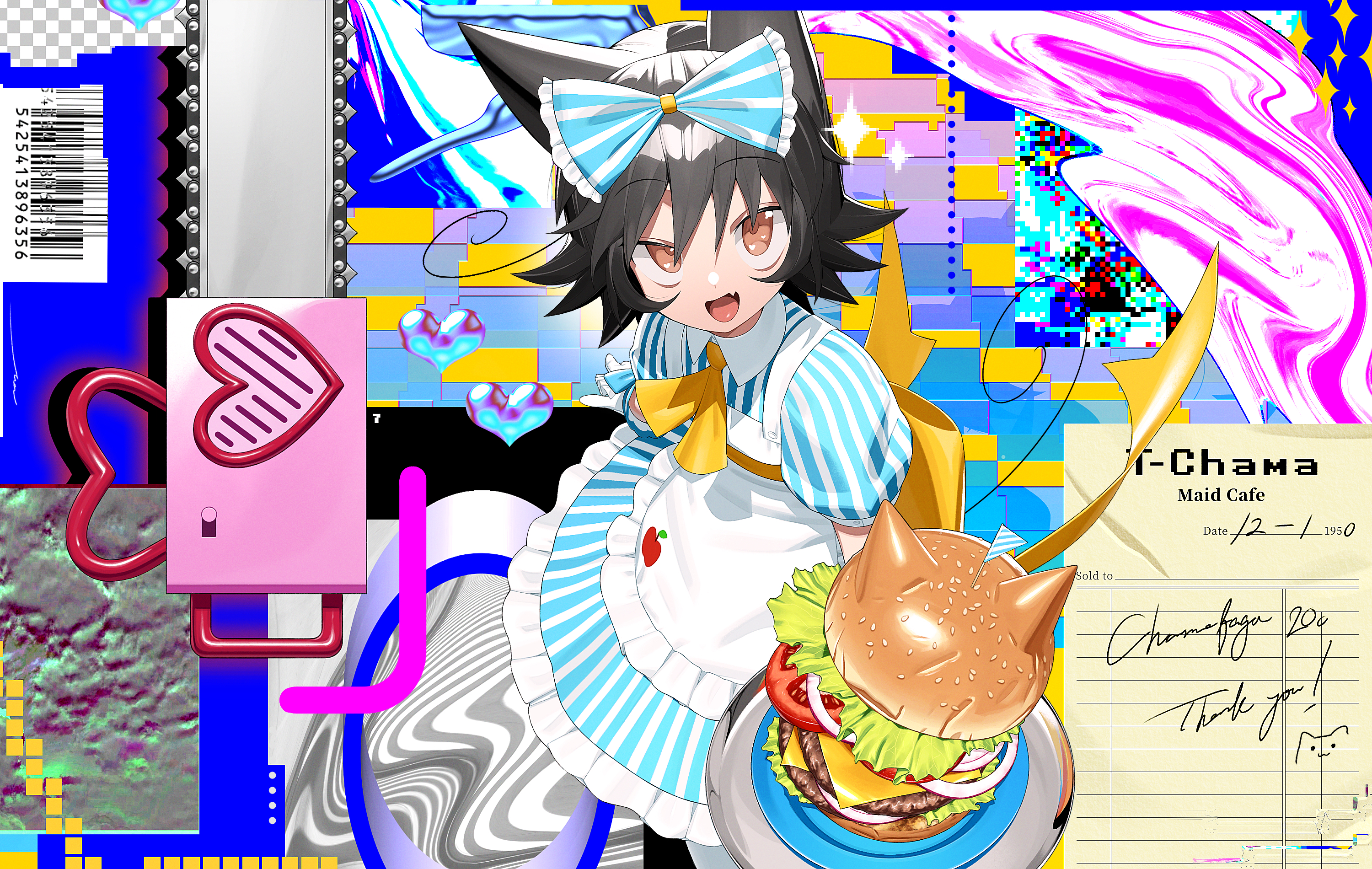 signal 1120, original, commentary, commission, english commentary, highres, skeb commission, 1girl, animal ears, barcode, black hair, burger, cat ears, cheese, food, heart, lettuce, maid, open mouth, sesame seeds, solo, tomato, tomato slice