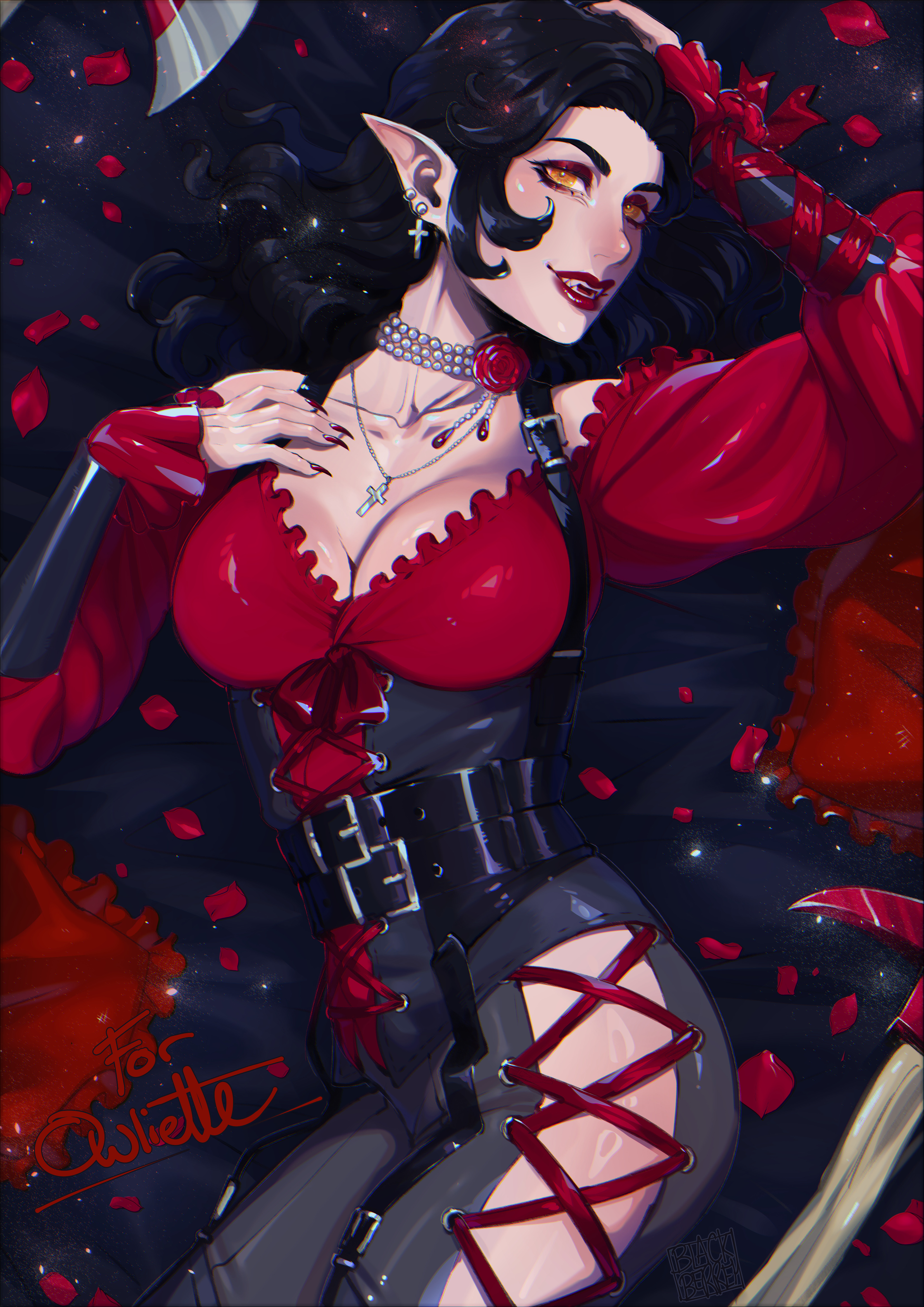blackberreh-art, original, absurdres, commission, highres, 1girl, belt, breasts, cleavage, corset, cross, cross necklace, eyelashes, flower, goth fashion, jewelry, lips, long hair, necklace, pearl choker, red flower, red ribbon, red rose, ribbon, rose, smile, solo, vampire
