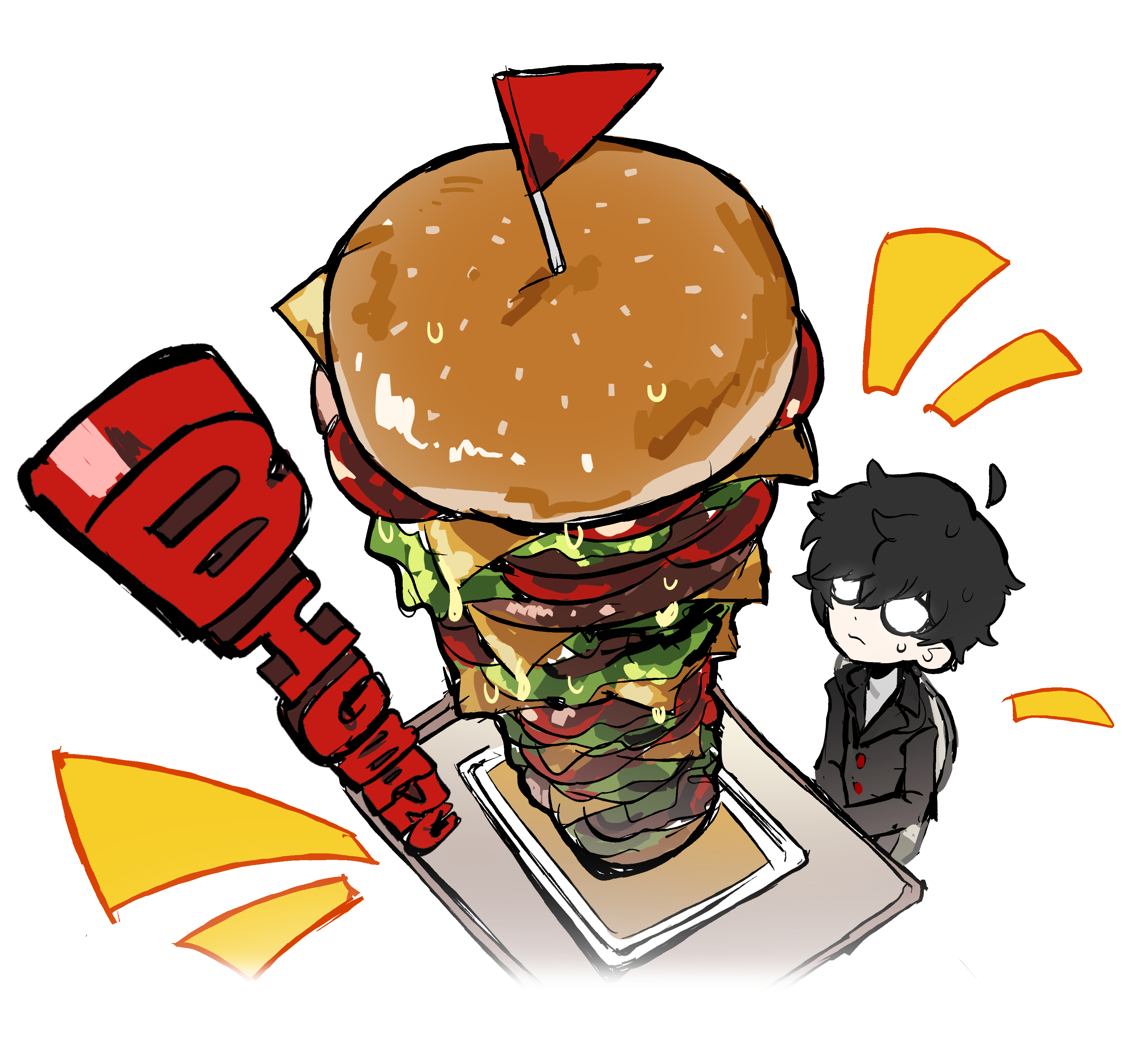 sach56000, amamiya ren, persona, persona 5, absurdres, commentary request, highres, korean commentary, 1boy, black-framed eyewear, burger, cheese, closed mouth, food, frown, glasses, jacket, lapels, lettuce, long sleeves, looking up, male focus, notched lapels, school uniform, sesame seeds, shuujin academy school uniform, simple background, sitting, sliced cheese, solo, sweatdrop, tomato, tray, white background