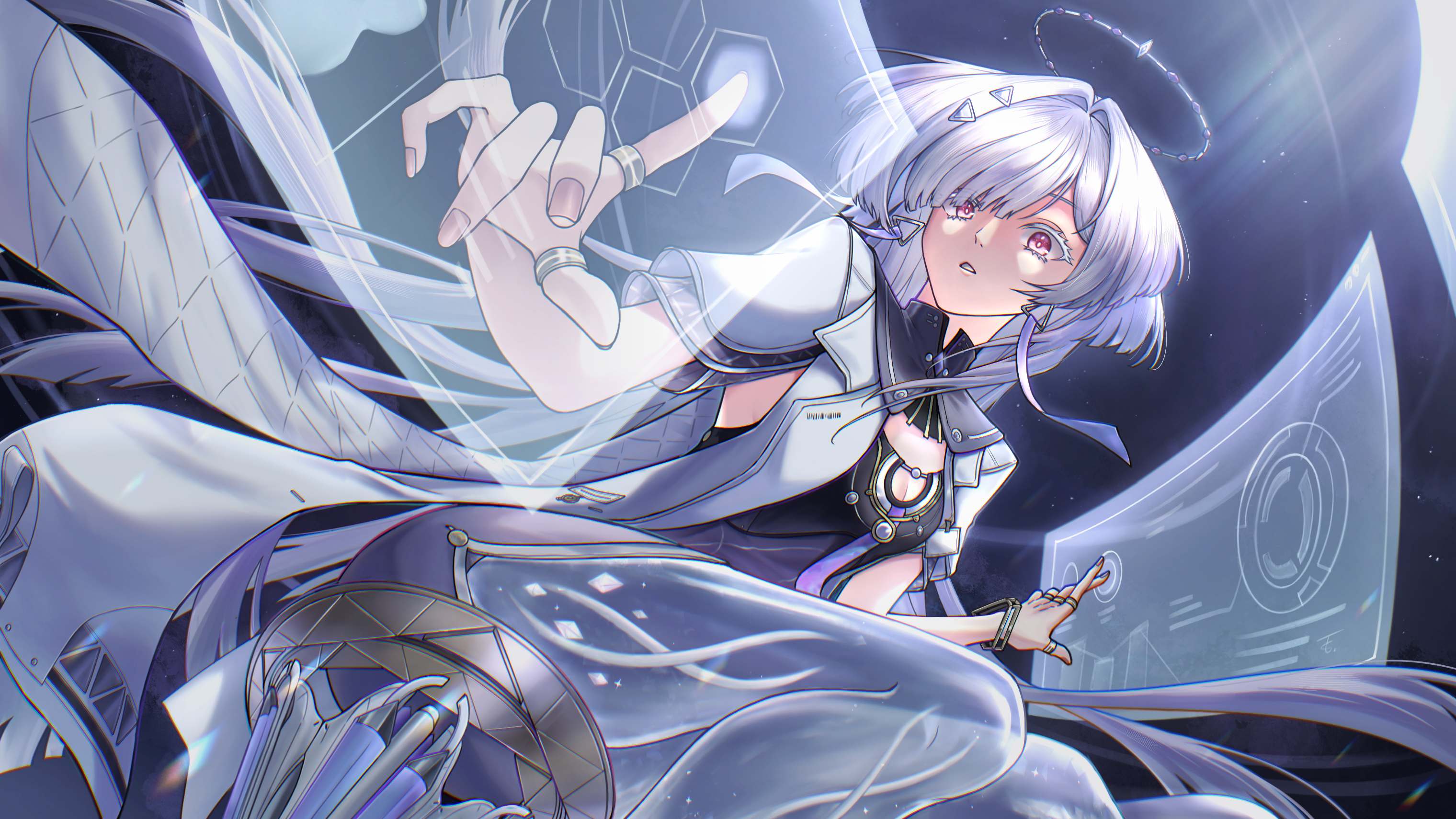 tim3slayer, mornye (wuthering waves), wuthering waves, commentary, highres, 1girl, breasts, chromatic aberration, cleavage, colored eyelashes, earrings, fingernails, grey hair, hair intakes, halo, holographic interface, id card, jacket, jewelry, long hair, parted lips, red eyes, see-through body, sitting, small breasts, solo, triangle earrings, turning head, white jacket