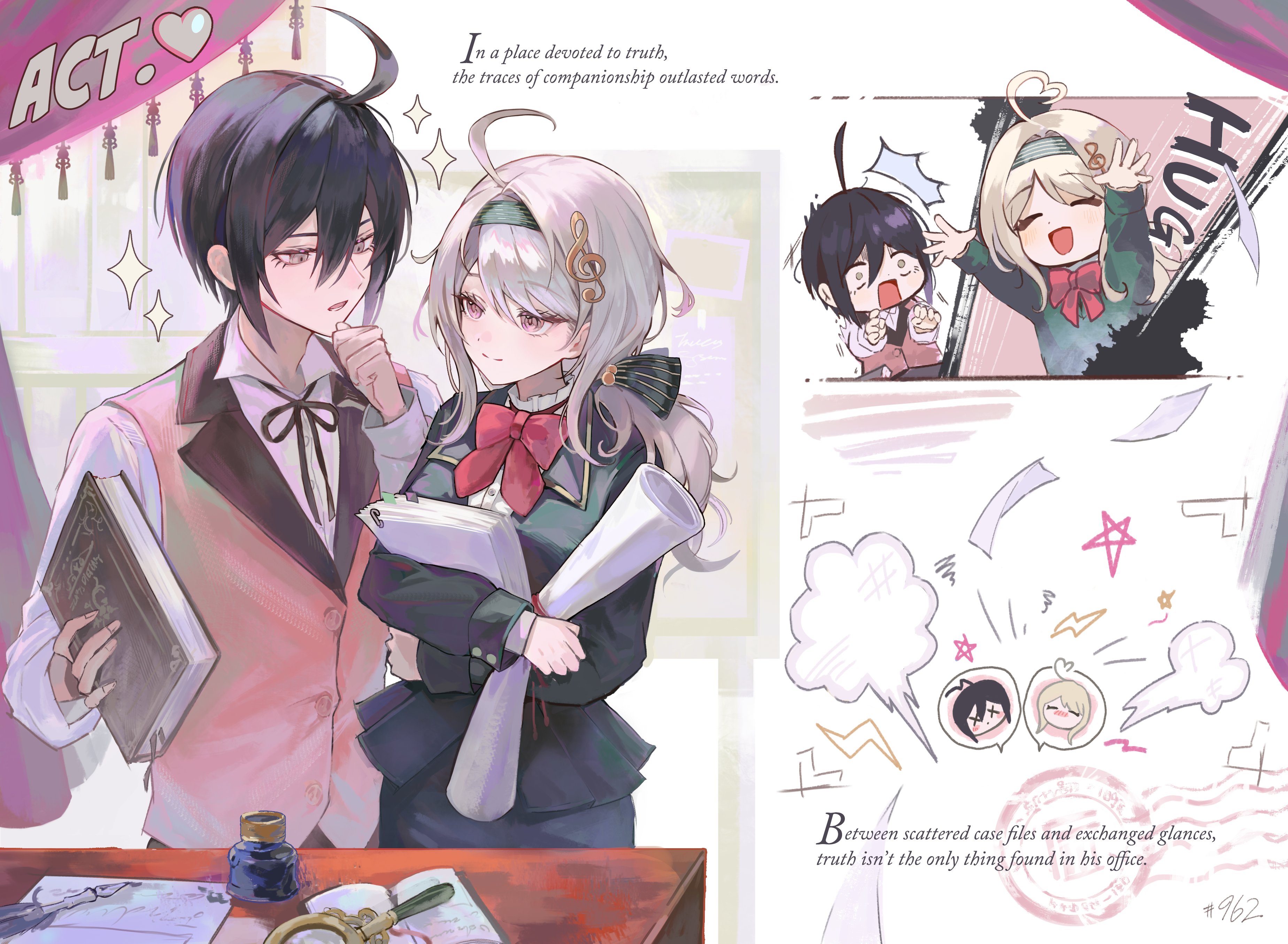 kuryugi, akamatsu kaede, saihara shuichi, danganronpa (series), danganronpa v3: killing harmony, absurdres, commentary, highres, 1boy, 1girl, ahoge, alternate costume, alternate hairstyle, black hair, blonde hair, book, chibi, english text, fortissimo, hair ornament, height difference, holding, holding book, long hair, looking at another, musical note, musical note hair ornament, pink eyes, short hair, smile