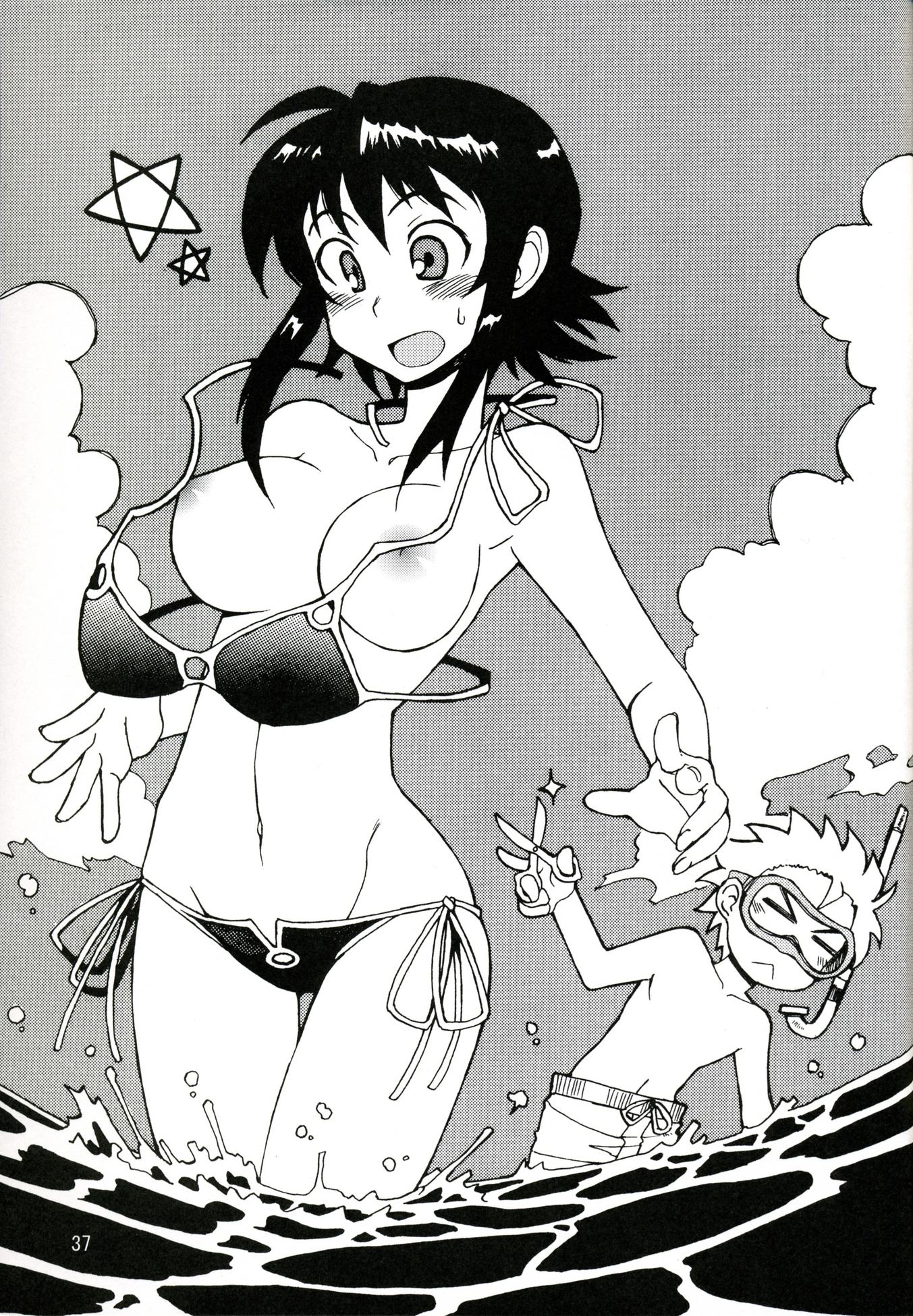 kusanagi tonbo, original, highres, 1girl, bikini, breasts, female focus, greyscale, monochrome, nipples, ocean, side-tie bikini bottom, solo, star (symbol), swimsuit, wardrobe malfunction