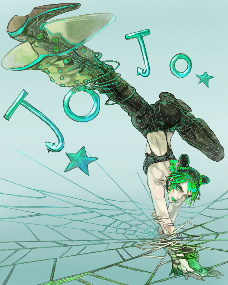 touge (kubiwa tsuki), kuujou jolyne, stone free, jojo no kimyou na bouken, stone ocean, bad id, bad pixiv id, 1girl, bare shoulders, black hair, braid, braided bun, braided ponytail, cone hair bun, double bun, female focus, full body, green eyes, green hair, green lips, hair bun, handstand, kicking, lipstick, makeup, matching hair/eyes, multicolored hair, ponytail, silk, solo, spider web, stand (jojo), star (symbol), two-tone hair, upside-down