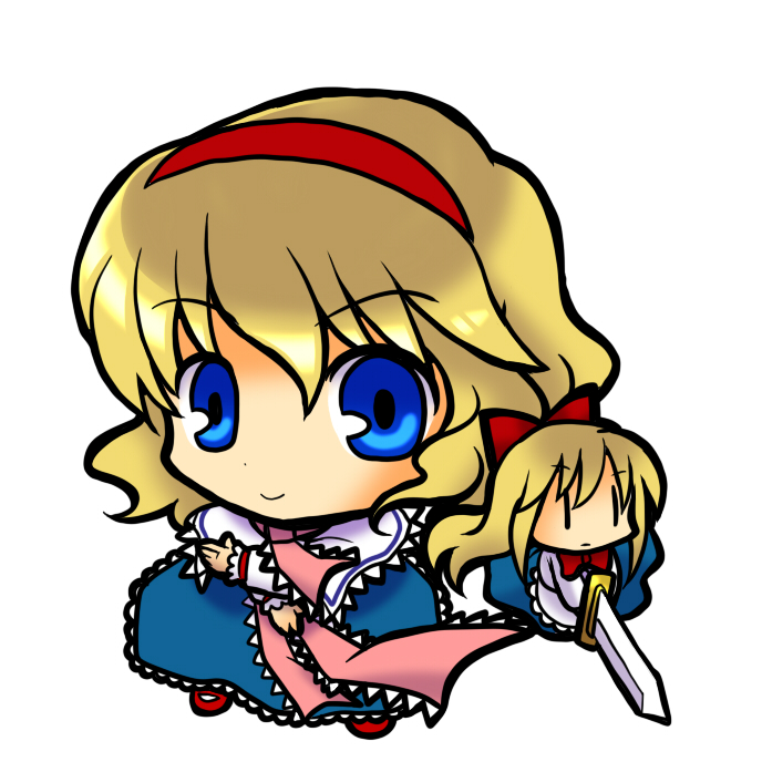 socha, alice margatroid, shanghai doll, touhou, 1girl, :>, blonde hair, blue eyes, chibi, doll, female focus, hairband, long hair, ribbon, short hair, simple background, solo, | |