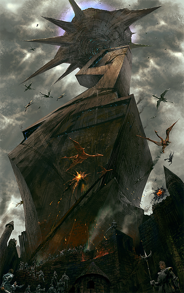 noba, pixiv fantasia, pixiv fantasia 4, 6+boys, armor, battle, cloud, cloudy sky, dragon, explosion, grand scale, male focus, multiple boys, polearm, sky, tower, trident, weapon