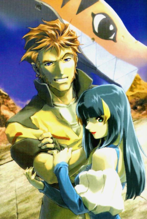 ogasawara tomy, aisha (gundam), andrew waltfeld, lagowe, gundam, gundam seed, official art, scan, 00s, 1boy, 1girl, black hair, blue eyes, brown hair, crossed arms, green eyes, hair ornament, helmet, lipstick, long hair, looking at viewer, makeup, military, military uniform, outdoors, red lips, short hair, smile