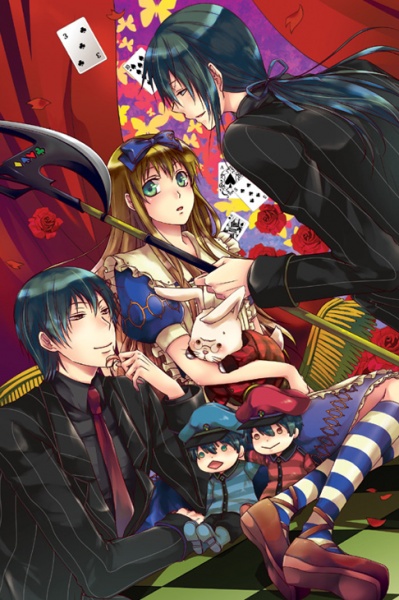 fujimaru mamenosuke, alice (alice in wonderland), alice liddell (kuni no alice), peter white, tweedle dee (kuni no alice), tweedle dum (kuni no alice), tweedledee (wonderland), tweedledum (wonderland), white rabbit (alice in wonderland), alice's adventures in wonderland, heart no kuni no alice, 1girl, 2boys, adalt, aged up, blush, caterpillar, character doll, doll, multiple boys, rabbit, siblings, twins