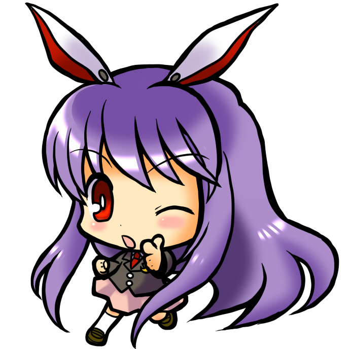 socha, reisen udongein inaba, touhou, 1girl, animal ears, blush, chibi, female focus, finger gun, long hair, one eye closed, purple hair, rabbit ears, red eyes, simple background, solo, wink