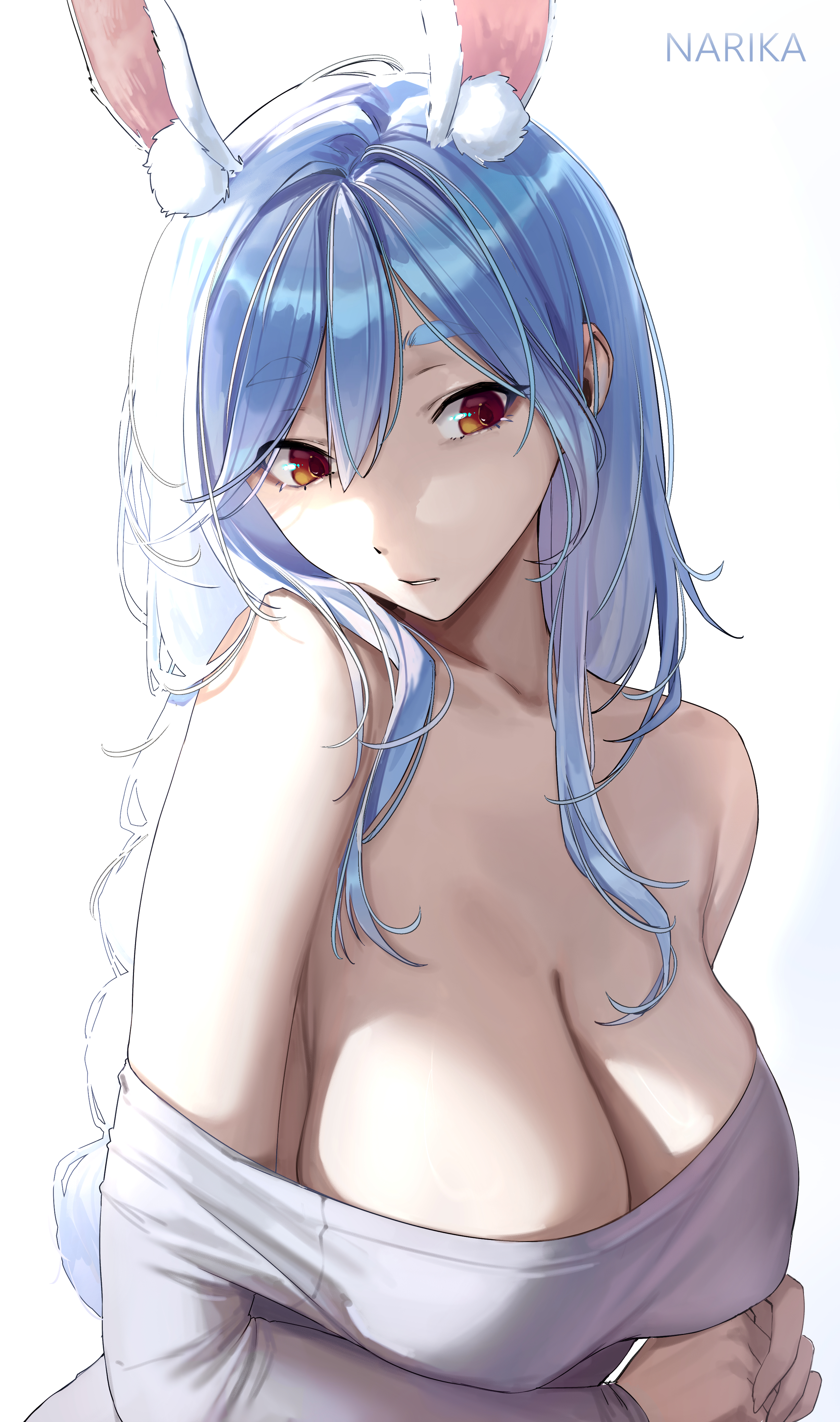 narika (narikakkkk), pekomama, hololive, hololive english, absurdres, commentary, highres, 1girl, animal ear fluff, animal ears, bare shoulders, blue hair, braid, braided ponytail, breasts, cleavage, dress, large breasts, long hair, long sleeves, looking at viewer, multicolored hair, off-shoulder dress, off shoulder, orange eyes, rabbit ears, rabbit girl, rabbit tail, short eyebrows, sidelocks, simple background, solo, tail, thick eyebrows, two-tone hair, upper body, virtual youtuber, white background, white dress, white hair
