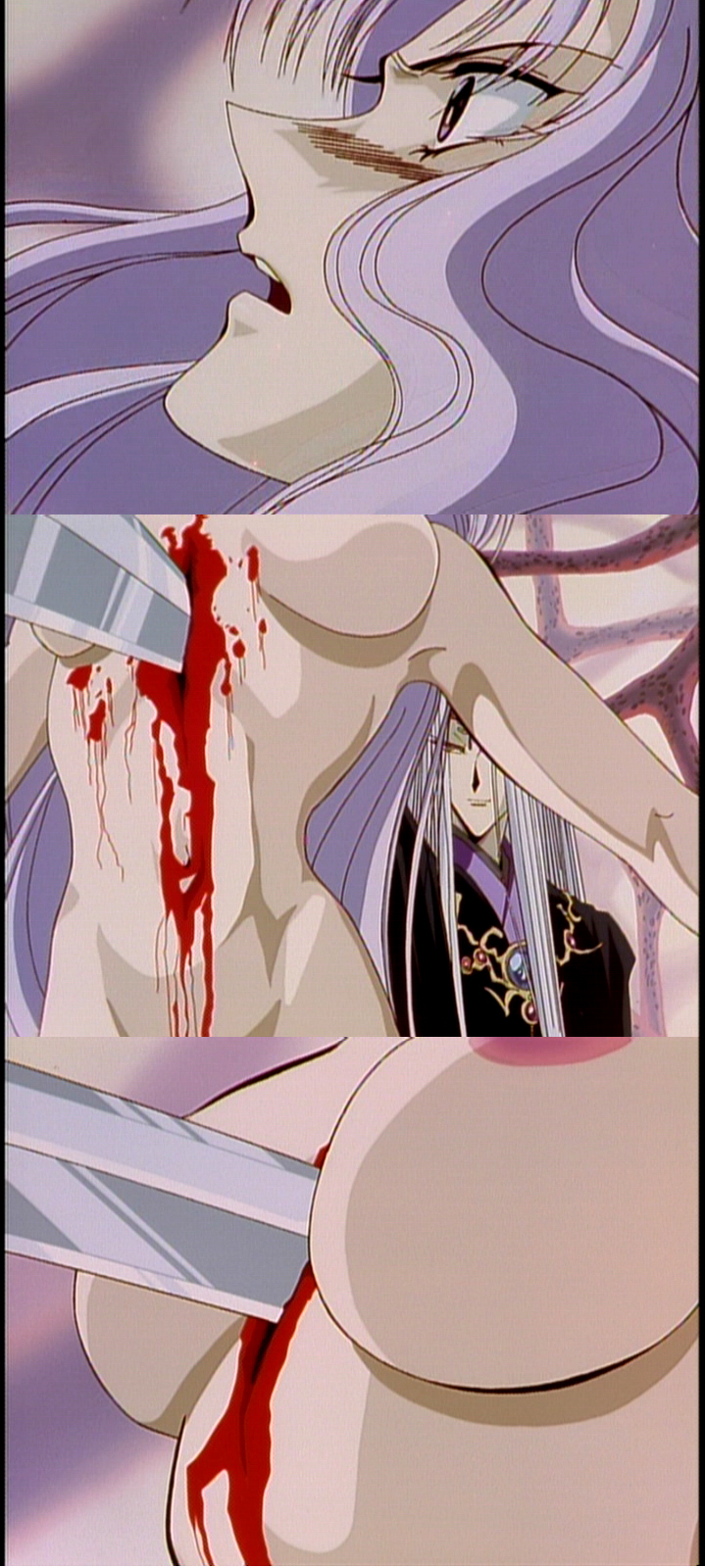 screencap, highres, source request, tagme, 1990s (style), blood, breasts, guro, impaled, long hair, retro artstyle, sword, weapon