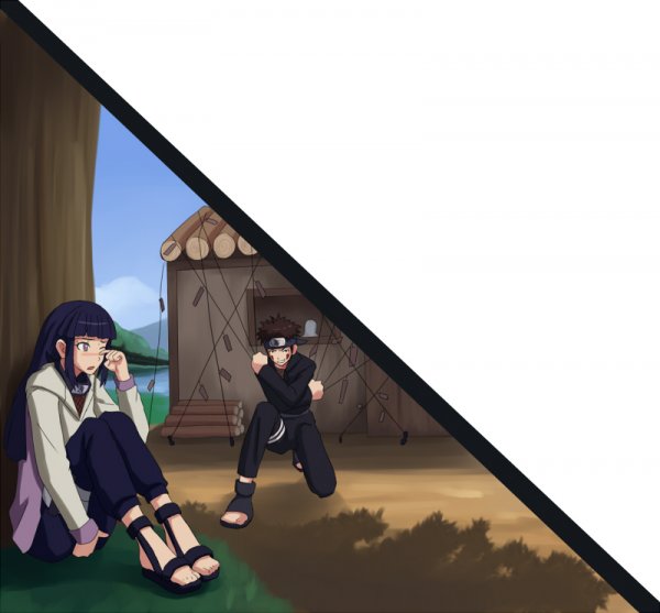 maku (l-u), hyuuga hinata, inuzuka kiba, konoha no okite, naruto (classic), naruto (series), 1boy, 1girl, sandals, tree