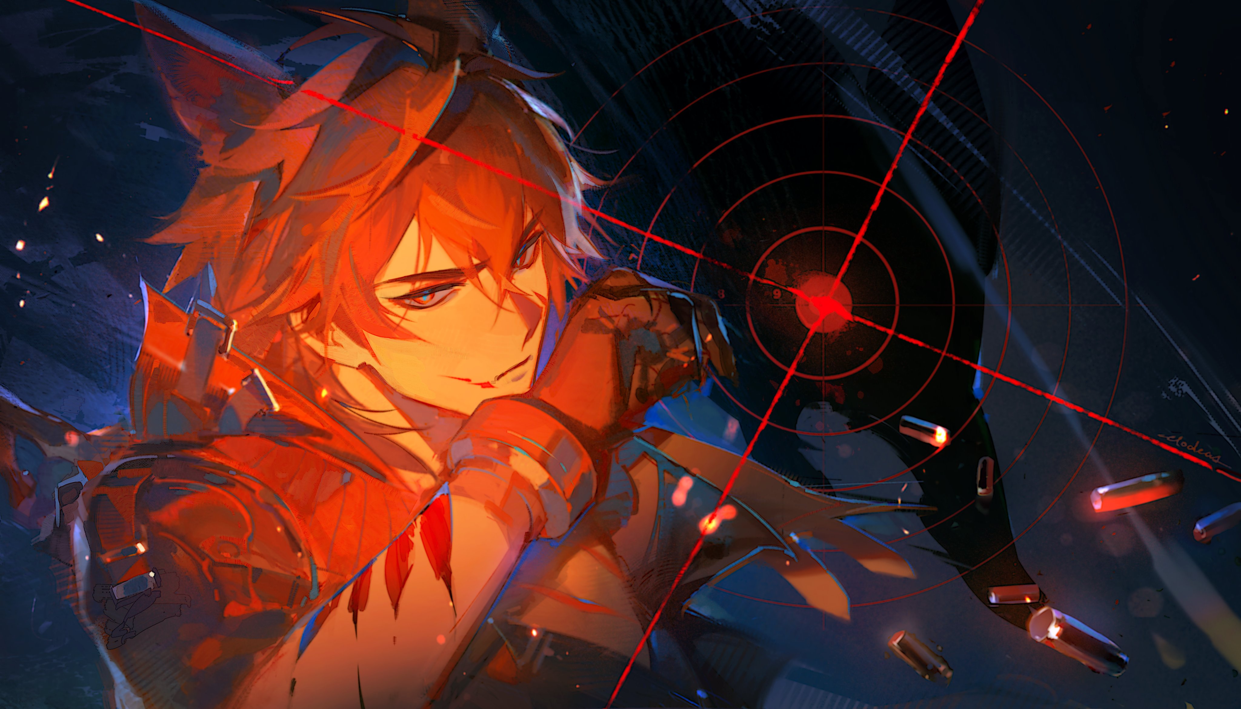 elodeas, wulfgard (arknights), arknights, arknights: endfield, absurdres, commentary, english commentary, highres, 1boy, animal ears, arm up, black gloves, black shirt, blood, blood on face, closed mouth, collared shirt, gloves, looking at viewer, male focus, parted bangs, scar, scar on arm, shirt, solo, wolf boy, wolf ears