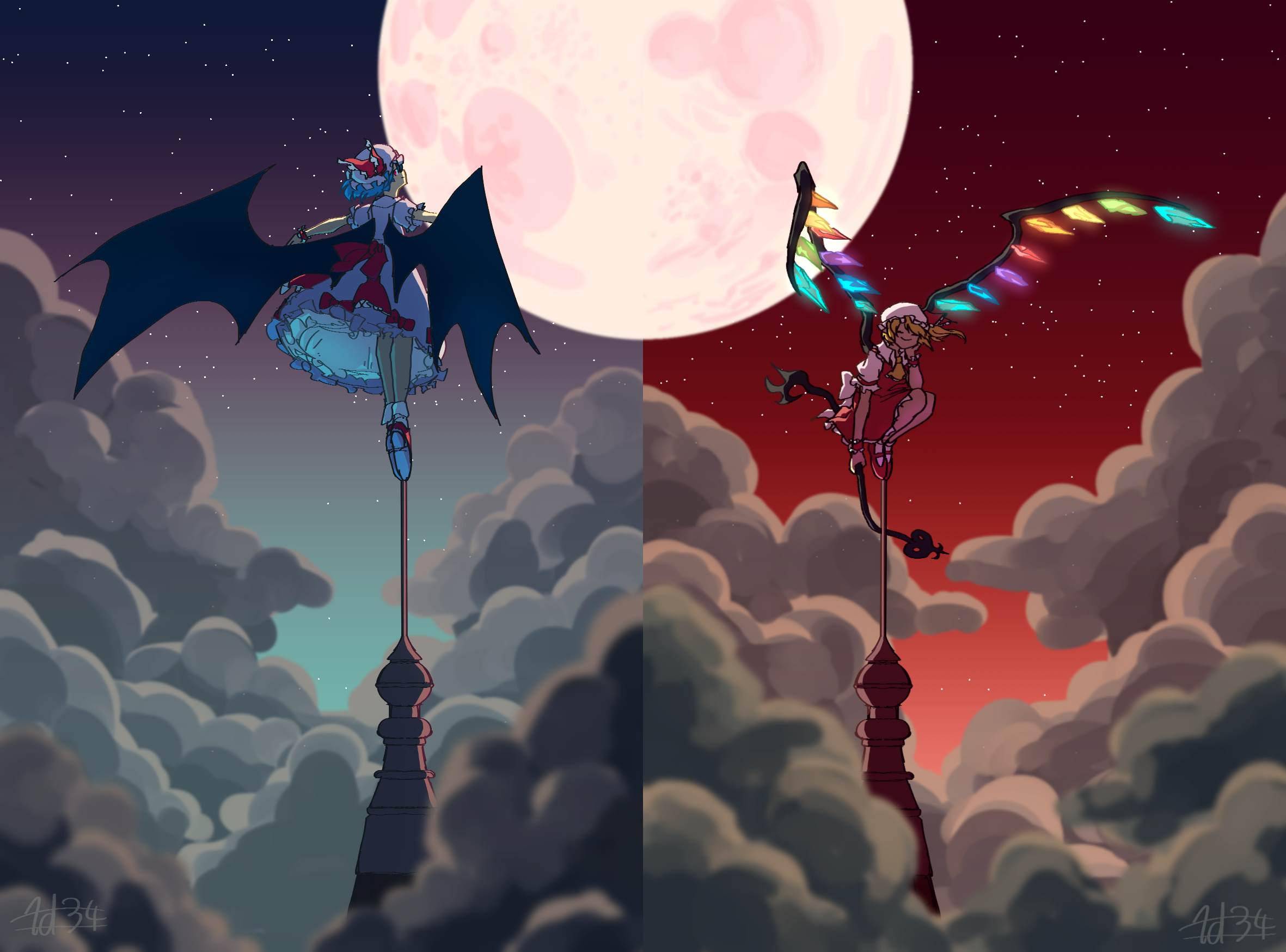 doggo 1d34, flandre scarlet, remilia scarlet, touhou, commentary request, highres, 2girls, ascot, back bow, bat wings, blonde hair, blue hair, bow, closed eyes, closed mouth, cloud, crystal, crystal wings, facing viewer, full body, full moon, hand on own cheek, hand on own face, hat, hat ribbon, holding, holding weapon, looking at viewer, looking back, mary janes, mob cap, moon, multicolored wings, multiple girls, night, one side up, outstretched arms, pink hat, pink shirt, pink skirt, puffy short sleeves, puffy sleeves, red bow, red eyes, red moon, red shoes, red skirt, red sky, red vest, ribbon, shirt, shoes, short hair, short sleeves, siblings, sisters, skirt, skirt set, sky, socks, split theme, spread arms, standing, star (sky), tiptoes, vest, weapon, white hat, white shirt, white socks, wings, wrist cuffs, yellow ascot