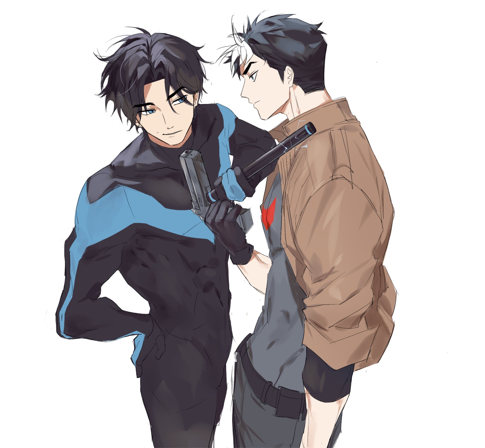 chewinggum205, dick grayson, jason todd, nightwing, red hood (dc), batman (series), dc comics, red hood and the outlaws, hashtag-only commentary, highres, bat signal, batman symbol, belt, black bodysuit, black gloves, black hair, blue eyes, bodysuit, brown jacket, escrima sticks, gloves, grey bodysuit, jacket, male focus, multicolored bodysuit, multiple boys, muscular, muscular male, open clothes, pants, short hair, superhero costume, taut bodysuit, two-tone bodysuit, utility belt