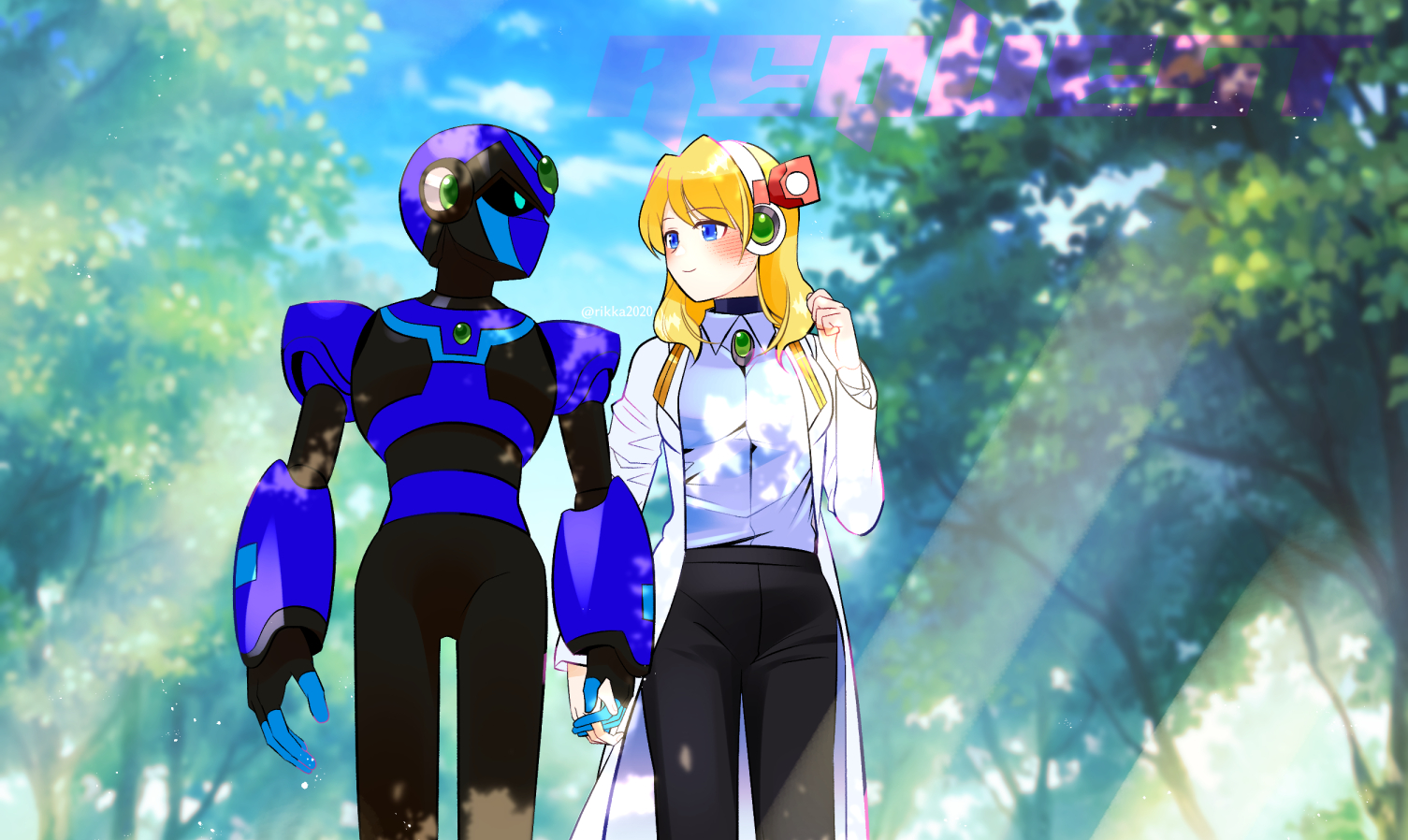 rikka (user hruv2435), alia (mega man), mega man (series), mega man x (series), commentary request, commission, skeb commission, 1boy, 1girl, armor, black pants, blonde hair, blue armor, blue eyes, blue helmet, breasts, chest jewel, couple, cowboy shot, gem, green gem, headset, helmet, hetero, holding hands, interlocked fingers, lab coat, medium hair, outdoors, pants, sunlight, tree