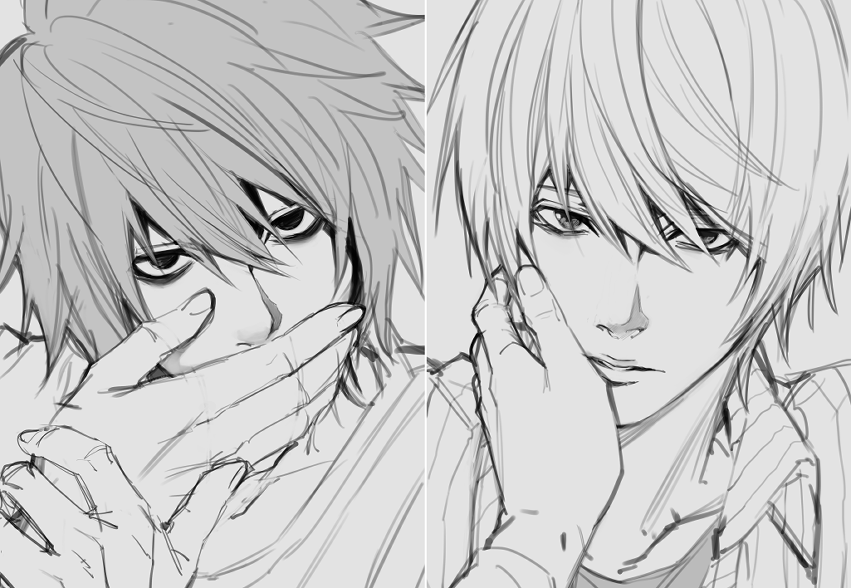 ruttika shin, l (death note), yagami light, death note, 2boys, bags under eyes, collared shirt, fingernails, kiss, kissing hand, male focus, multiple boys, parted lips, shirt, short hair, simple background, striped clothes, striped shirt, teeth, vertical-striped clothes, vertical-striped shirt, yaoi