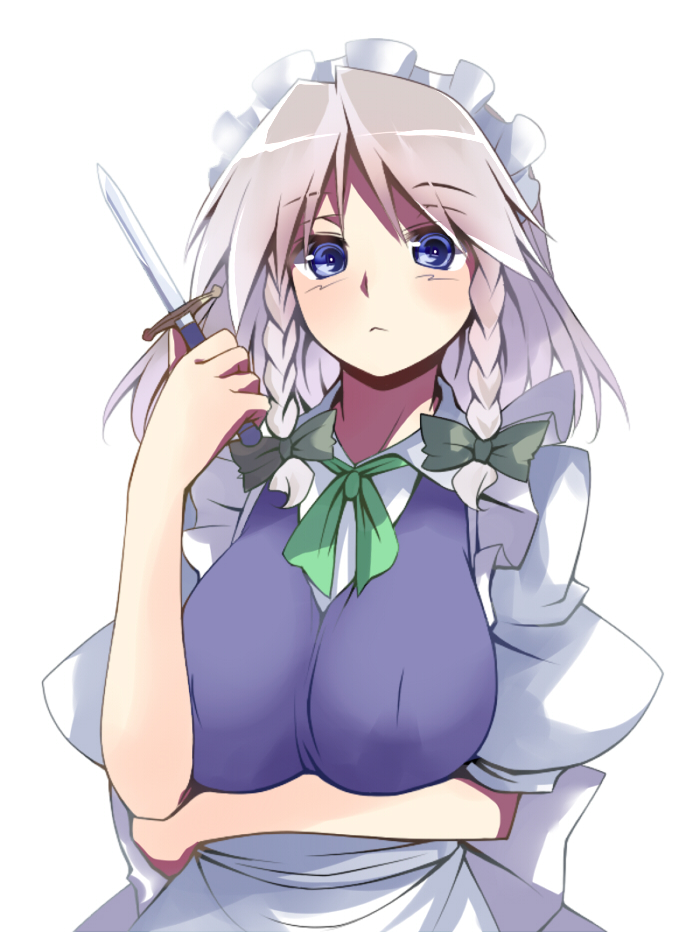 pun2, tro (trombe), izayoi sakuya, touhou, silver hair, bad id, bad pixiv id, derivative work, 1girl, arm under breasts, blue eyes, blush, braid, breasts, female focus, hair ribbon, knife, large breasts, maid, ribbon, short hair, solo, symbol-shaped pupils, throwing knife, twin braids, weapon