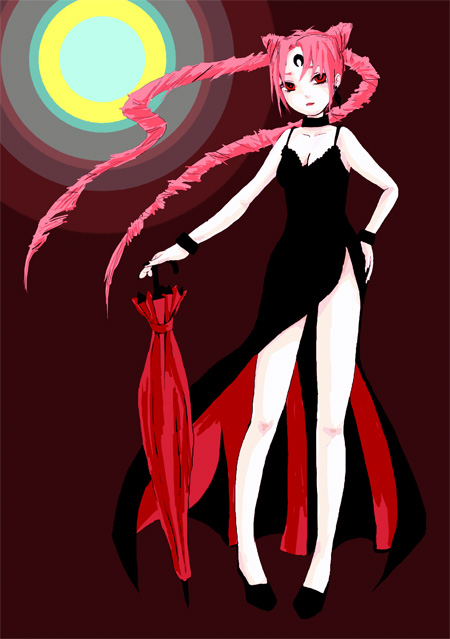 abtaraco, black lady (sailor moon), chibi usa, luna-p, bishoujo senshi sailor moon, bishoujo senshi sailor moon r, bad id, bad pixiv id, 1990s (style), 1girl, aged up, breasts, choker, circlet, cleavage, crescent, crescent facial mark, double bun, dress, earrings, facial mark, female focus, forehead mark, hair bun, high heels, jewelry, legs, long hair, pink hair, red eyes, retro artstyle, shoes, side slit, small breasts, solo, thighs, twintails, umbrella, very long hair